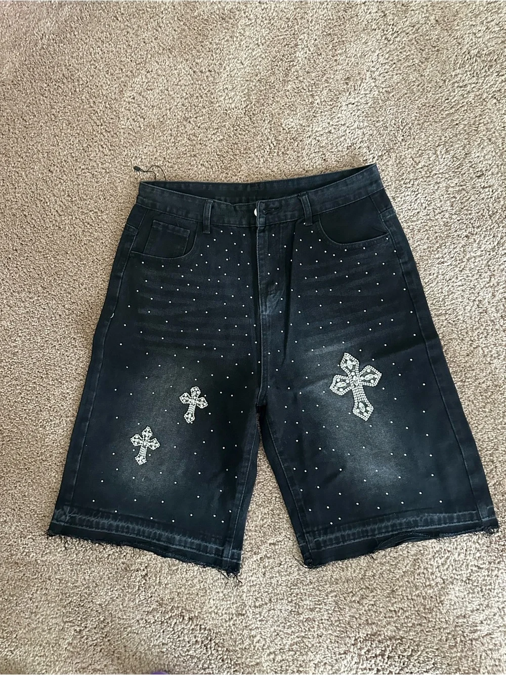 Black Embellished Cross Denim Shorts - Unbranded